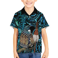 New Zealand Tui Bird Taiaha Family Matching Off Shoulder Short Dress and Hawaiian Shirt Maori Weapon Paua Shell Mix Silver Fern