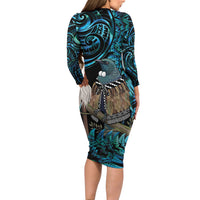 New Zealand Tui Bird Taiaha Long Sleeve Bodycon Dress Maori Weapon Paua Shell Mix Silver Fern LT14 - Polynesian Pride