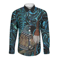 New Zealand Tui Bird Taiaha Long Sleeve Button Shirt Maori Weapon Paua Shell Mix Silver Fern LT14 Unisex Turquoise - Polynesian Pride