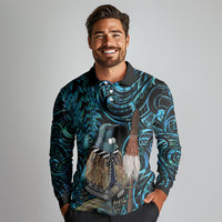 New Zealand Tui Bird Taiaha Long Sleeve Polo Shirt Maori Weapon Paua Shell Mix Silver Fern