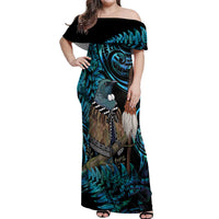 New Zealand Tui Bird Taiaha Off Shoulder Maxi Dress Maori Weapon Paua Shell Mix Silver Fern LT14 Women Turquoise - Polynesian Pride