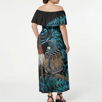 New Zealand Tui Bird Taiaha Off Shoulder Maxi Dress Maori Weapon Paua Shell Mix Silver Fern LT14 - Polynesian Pride