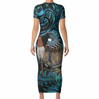New Zealand Tui Bird Taiaha Short Sleeve Bodycon Dress Maori Weapon Paua Shell Mix Silver Fern LT14 - Polynesian Pride