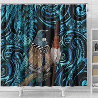 New Zealand Tui Bird Taiaha Shower Curtain Maori Weapon Paua Shell Mix Silver Fern