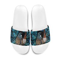 New Zealand Tui Bird Taiaha Slide Sandals Maori Weapon Paua Shell Mix Silver Fern