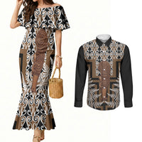 Wahaika New Zealand Couples Matching Mermaid Dress and Long Sleeve Button Shirt Maori Weapon Kowhaiwhai Fern Poutama Motifs LT14 Brown - Polynesian Pride