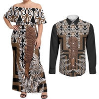 Wahaika New Zealand Couples Matching Off Shoulder Maxi Dress and Long Sleeve Button Shirt Maori Weapon Kowhaiwhai Fern Poutama Motifs LT14 Brown - Polynesian Pride