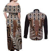 Wahaika New Zealand Couples Matching Off Shoulder Maxi Dress and Long Sleeve Button Shirt Maori Weapon Kowhaiwhai Fern Poutama Motifs LT14 - Polynesian Pride