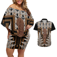 Wahaika New Zealand Couples Matching Off Shoulder Short Dress and Hawaiian Shirt Maori Weapon Kowhaiwhai Fern Poutama Motifs LT14 Brown - Polynesian Pride