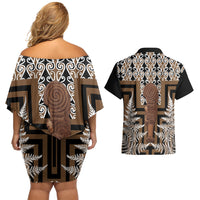 Wahaika New Zealand Couples Matching Off Shoulder Short Dress and Hawaiian Shirt Maori Weapon Kowhaiwhai Fern Poutama Motifs LT14 - Polynesian Pride