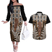 Wahaika New Zealand Couples Matching Off The Shoulder Long Sleeve Dress and Hawaiian Shirt Maori Weapon Kowhaiwhai Fern Poutama Motifs LT14 Brown - Polynesian Pride