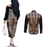 Wahaika New Zealand Couples Matching Off The Shoulder Long Sleeve Dress and Long Sleeve Button Shirt Maori Weapon Kowhaiwhai Fern Poutama Motifs LT14 - Polynesian Pride