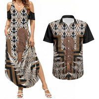 Wahaika New Zealand Couples Matching Summer Maxi Dress and Hawaiian Shirt Maori Weapon Kowhaiwhai Fern Poutama Motifs LT14 Brown - Polynesian Pride