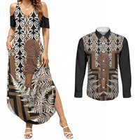 Wahaika New Zealand Couples Matching Summer Maxi Dress and Long Sleeve Button Shirt Maori Weapon Kowhaiwhai Fern Poutama Motifs LT14 Brown - Polynesian Pride