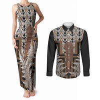 Wahaika New Zealand Couples Matching Tank Maxi Dress and Long Sleeve Button Shirt Maori Weapon Kowhaiwhai Fern Poutama Motifs LT14 Brown - Polynesian Pride