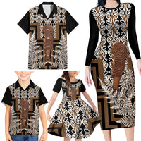 Wahaika New Zealand Family Matching Long Sleeve Bodycon Dress and Hawaiian Shirt Maori Weapon Kowhaiwhai Fern Poutama Motifs LT14 - Polynesian Pride
