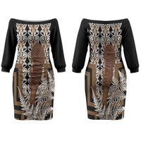 Wahaika New Zealand Family Matching Off The Shoulder Long Sleeve Dress and Hawaiian Shirt Maori Weapon Kowhaiwhai Fern Poutama Motifs LT14 Mom's Dress Brown - Polynesian Pride