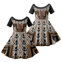 Wahaika New Zealand Family Matching Off Shoulder Maxi Dress and Hawaiian Shirt Maori Weapon Kowhaiwhai Fern Poutama Motifs LT14 Daughter's Dress Brown - Polynesian Pride