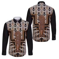 Wahaika New Zealand Family Matching Off Shoulder Short Dress and Hawaiian Shirt Maori Weapon Kowhaiwhai Fern Poutama Motifs LT14 Dad's Shirt - Long Sleeve Brown - Polynesian Pride
