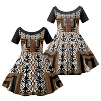 Wahaika New Zealand Family Matching Summer Maxi Dress and Hawaiian Shirt Maori Weapon Kowhaiwhai Fern Poutama Motifs LT14 Daughter's Dress Brown - Polynesian Pride