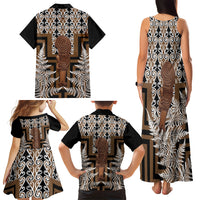 Wahaika New Zealand Family Matching Tank Maxi Dress and Hawaiian Shirt Maori Weapon Kowhaiwhai Fern Poutama Motifs LT14 Mom's Dress Brown - Polynesian Pride