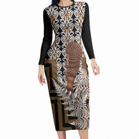Wahaika New Zealand Long Sleeve Bodycon Dress Maori Weapon Kowhaiwhai Fern Poutama Motifs LT14 Long Dress Brown - Polynesian Pride