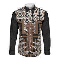 Wahaika New Zealand Long Sleeve Button Shirt Maori Weapon Kowhaiwhai Fern Poutama Motifs LT14 Unisex Brown - Polynesian Pride