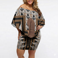Wahaika New Zealand Off Shoulder Short Dress Maori Weapon Kowhaiwhai Fern Poutama Motifs LT14 Women Brown - Polynesian Pride