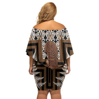 Wahaika New Zealand Off Shoulder Short Dress Maori Weapon Kowhaiwhai Fern Poutama Motifs LT14 - Polynesian Pride