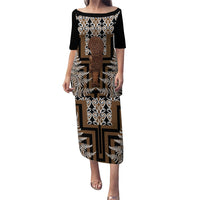 Wahaika New Zealand Puletasi Maori Weapon Kowhaiwhai Fern Poutama Motifs LT14 Long Dress Brown - Polynesian Pride