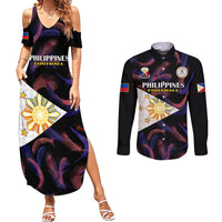 Philippines Football Couples Matching Summer Maxi Dress and Long Sleeve Button Shirts 2023 World Cup Go Filipinas Feather Black Version LT14 Black - Polynesian Pride