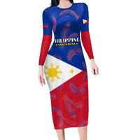 Philippines Football Long Sleeve Bodycon Dress 2023 World Cup Go Filipinas Feather Flag Version LT14 Long Dress Blue - Polynesian Pride