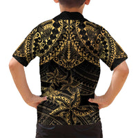 Black and Gold Polynesia Family Matching Tank Maxi Dress and Hawaiian Shirt Plumeria Tattoo With Polynesian Pattern