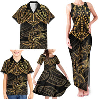 Black and Gold Polynesia Family Matching Tank Maxi Dress and Hawaiian Shirt Plumeria Tattoo With Polynesian Pattern