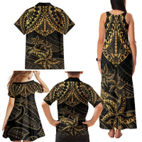 Black and Gold Polynesia Family Matching Tank Maxi Dress and Hawaiian Shirt Plumeria Tattoo With Polynesian Pattern