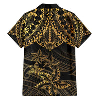 Black and Gold Polynesia Family Matching Tank Maxi Dress and Hawaiian Shirt Plumeria Tattoo With Polynesian Pattern