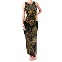 Black and Gold Polynesia Family Matching Tank Maxi Dress and Hawaiian Shirt Plumeria Tattoo With Polynesian Pattern