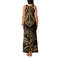 Black and Gold Polynesia Family Matching Tank Maxi Dress and Hawaiian Shirt Plumeria Tattoo With Polynesian Pattern