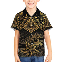 Black and Gold Polynesia Family Matching Tank Maxi Dress and Hawaiian Shirt Plumeria Tattoo With Polynesian Pattern