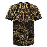 Black and Gold Polynesia Rugby Jersey Plumeria Tattoo With Polynesian Pattern