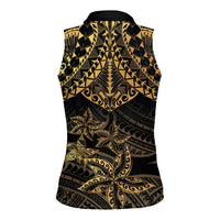 Black and Gold Polynesia Women Sleeveless Polo Shirt Plumeria Tattoo With Polynesian Pattern LT14 - Polynesian Pride