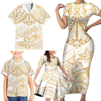 White and Gold Polynesia Family Matching Short Sleeve Bodycon Dress and Hawaiian Shirt Plumeria Tattoo With Polynesian Pattern LT14 - Polynesian Pride