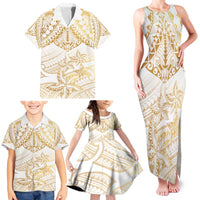White and Gold Polynesia Family Matching Tank Maxi Dress and Hawaiian Shirt Plumeria Tattoo With Polynesian Pattern