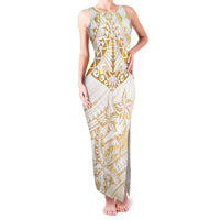 White and Gold Polynesia Family Matching Tank Maxi Dress and Hawaiian Shirt Plumeria Tattoo With Polynesian Pattern
