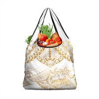 White and Gold Polynesia Grocery Bag Plumeria Tattoo With Polynesian Pattern