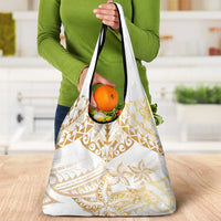 White and Gold Polynesia Grocery Bag Plumeria Tattoo With Polynesian Pattern