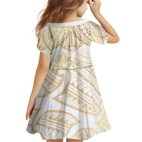 White and Gold Polynesia Kid Short Sleeve Dress Plumeria Tattoo With Polynesian Pattern