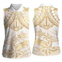 White and Gold Polynesia Women Sleeveless Polo Shirt Plumeria Tattoo With Polynesian Pattern LT14 - Polynesian Pride