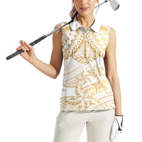 White and Gold Polynesia Women Sleeveless Polo Shirt Plumeria Tattoo With Polynesian Pattern LT14 - Polynesian Pride