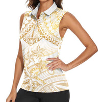 White and Gold Polynesia Women Sleeveless Polo Shirt Plumeria Tattoo With Polynesian Pattern LT14 - Polynesian Pride